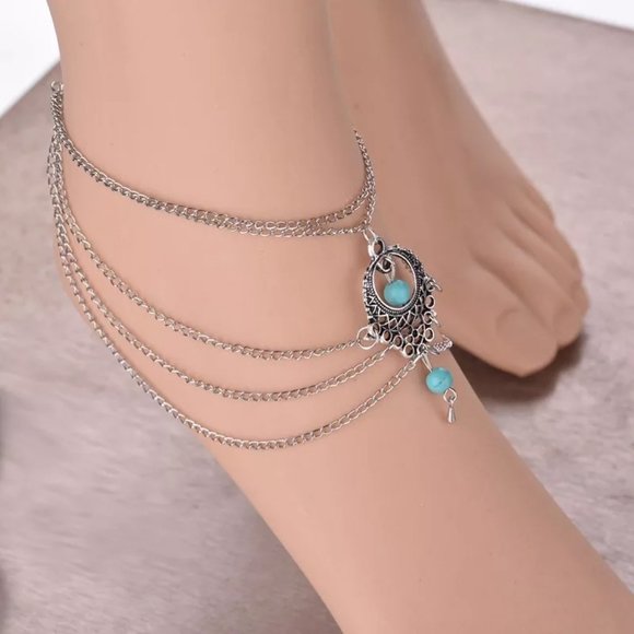 Bohemian Turquoise Stone Silver Anklet Set - Picture 2 of 4